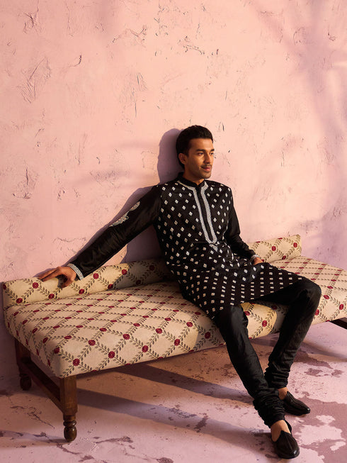 Men's Black Silk Blend Embroidered Ethnic Kurta